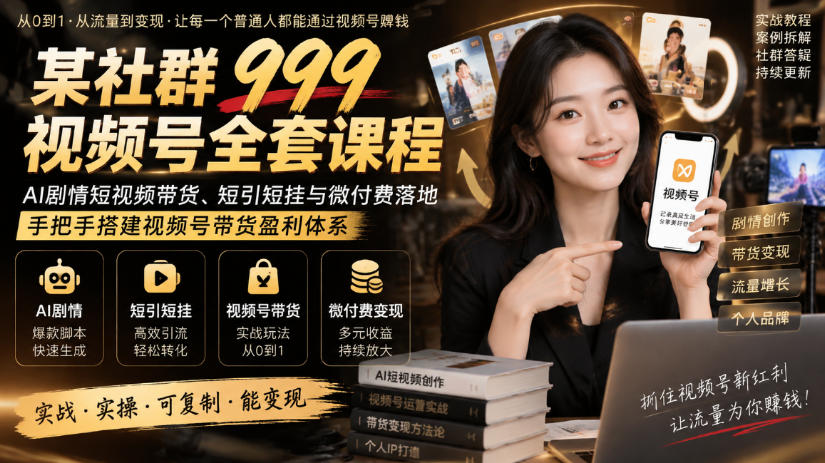 某社群999视频号全套课程,AI剧情短视频带货、短引短挂与微付费落地,手把手搭建视频号带货盈利体系