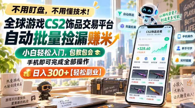 全球游戏CS2饰品交易平台自动批量捡漏賺米，小白轻松入门，包教包会，手机即可完成全部操作，日入300+【揭秘】