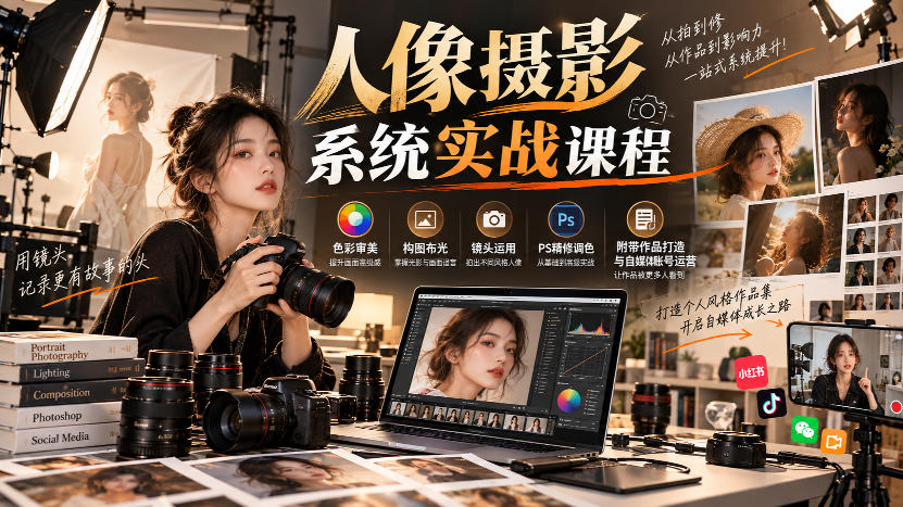 【无水印】人像摄影系统实战课程，色彩审美、构图布光、镜头运用、PS精修调色，附带作品打造与自媒体账号运营