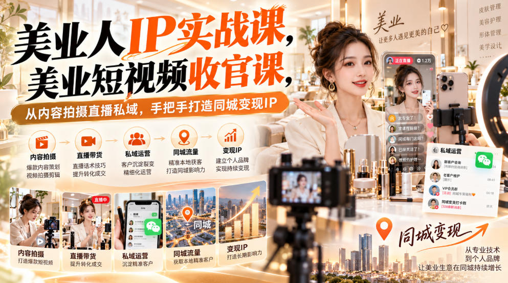【无水印】美业人IP实战课，美业短视频收官课，从内容拍摄直播私域，手把手打造同城变现IP