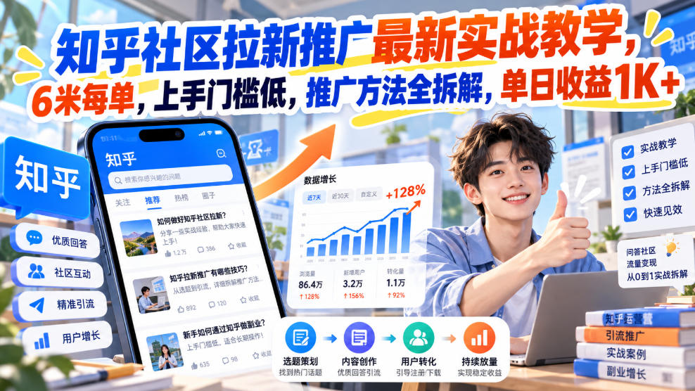 知乎社区拉新推广最新实战教学,6米每单,上手门槛低,推广方法全拆解,单日收益1K+!
