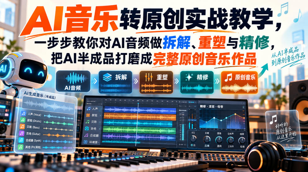 AI音乐转原创实战教学,一步步教你对AI音频做拆解、重塑与精修,把AI半成品打磨成完整原创音乐作品
