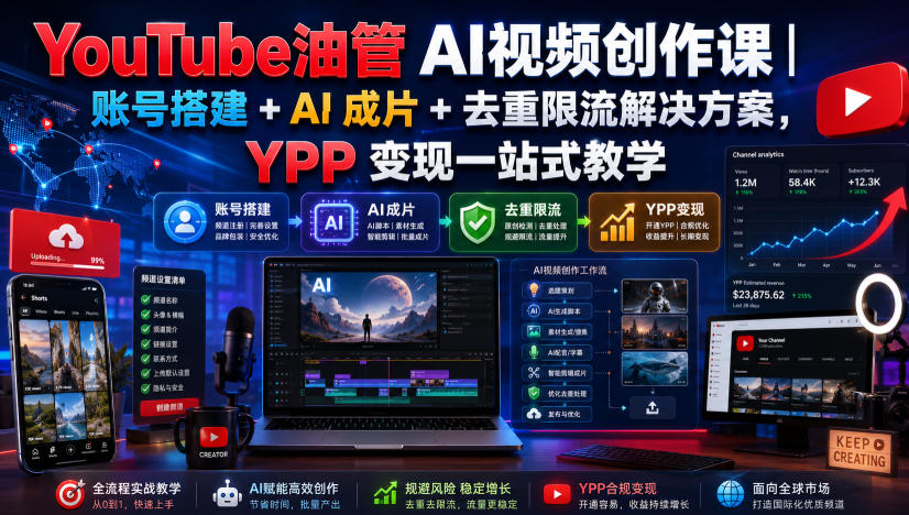 YouTube油管AI视频创作课｜账号搭建+AI成片+去重限流解决方案，YPP变现一站式教学（更新0925）