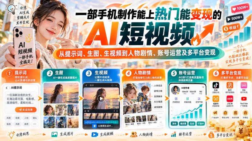 【无水印】一部手机制作能上热门能变现的AI短视频，从提示词、生图、生视频到人物剧情、账号运营及多平台变现