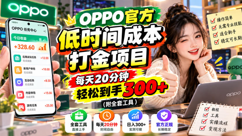 OPPO官方低时间成本打金项目，每天20分钟，轻松到手300+（附全套工具）【揭秘】