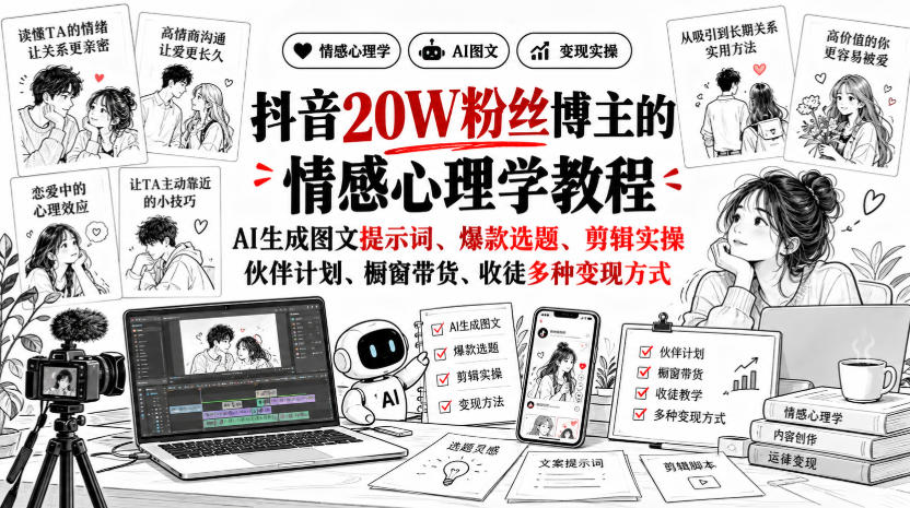 抖音20W粉丝博主的情感心理学教程，AI生成图文提示词、爆款选题、剪辑实操，伙伴计划、橱窗带货、收徒多种变现方式