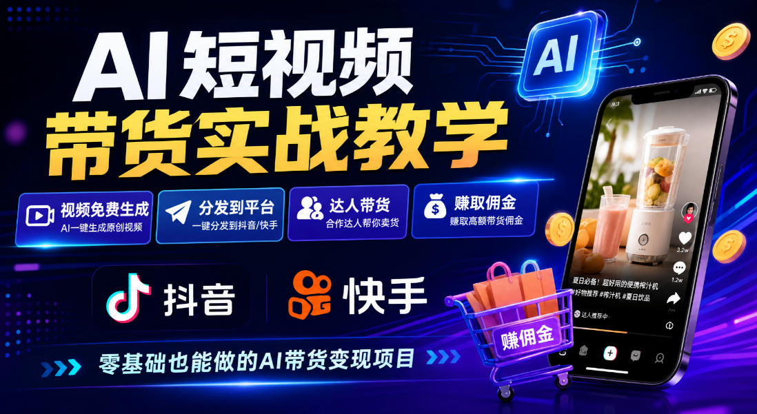 AI短视频带货实战教学，视频免费生成，分发到抖音快手平台，达人带货賺佣金
