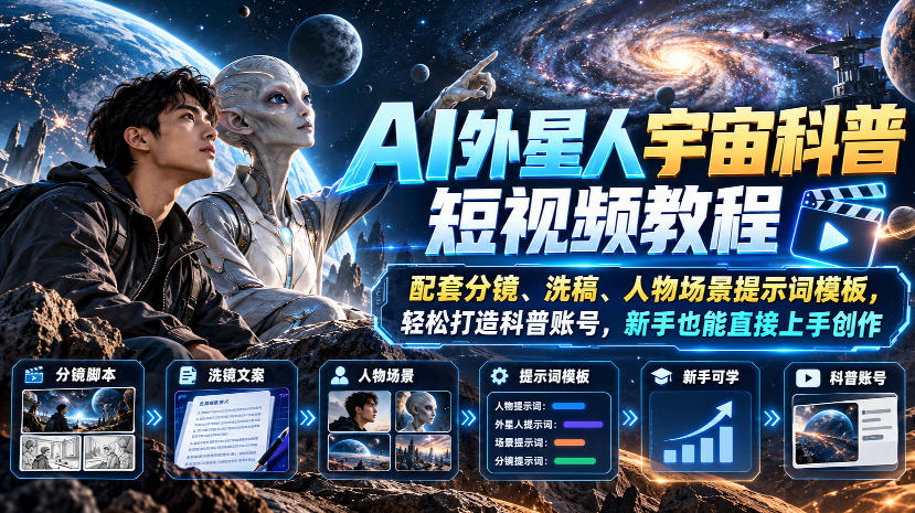 AI外星人宇宙科普短视频教程，配套分镜、洗稿、人物场景提示词模板，轻松打造科普账号，新手也能直接上手创作