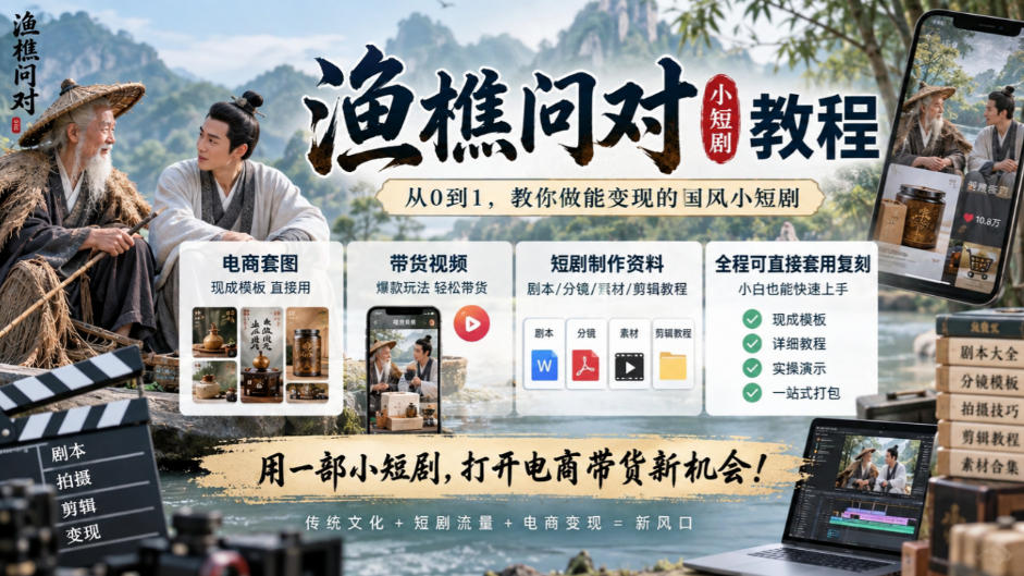 渔樵问对小短剧教程，包含电商套图、带货视频，短剧制作资料，全程可直接套用复刻