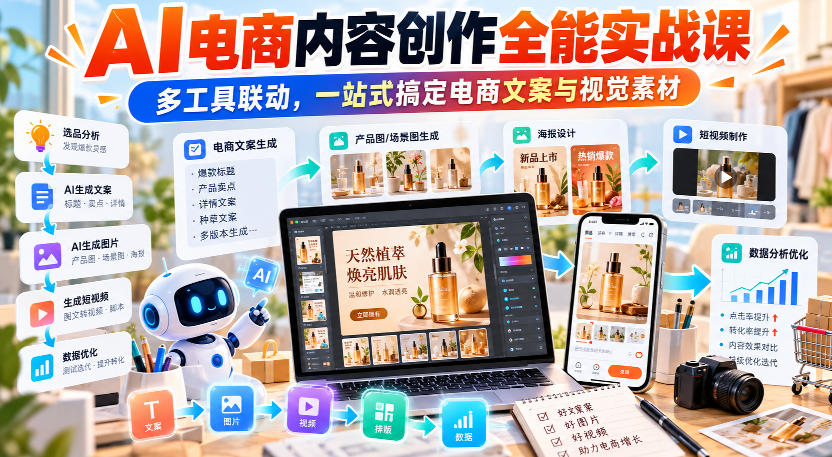 【无水印】AI电商内容创作全能实战课｜多工具联动，一站式搞定电商文案与视觉素材