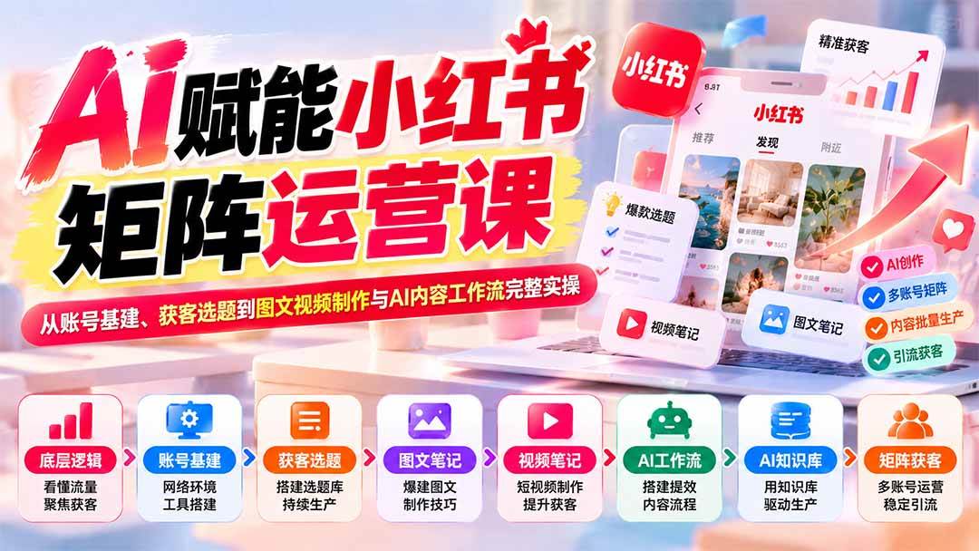 （20822期）AI赋能小红书矩阵运营课：从账号基建、获客选题到图文视频制作与AI内容工作流完整实操