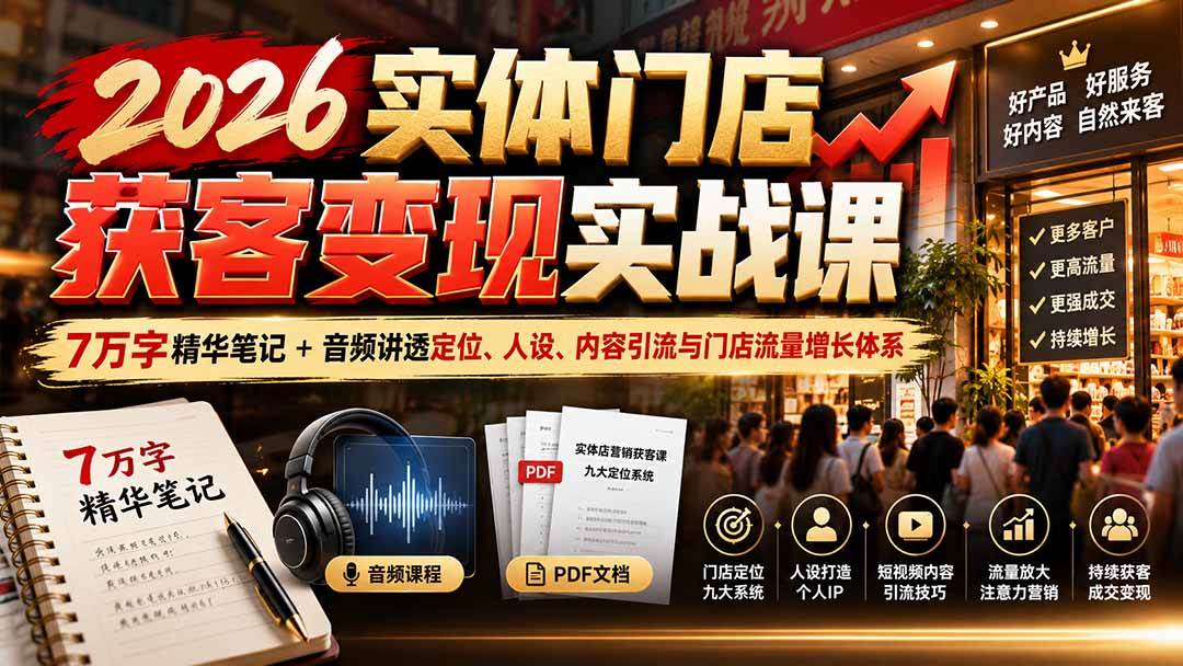 （20832期）2026实体门店获客变现实战课：7万字精华笔记+音频讲透定位、人设、内容引流与门店流量增长体系