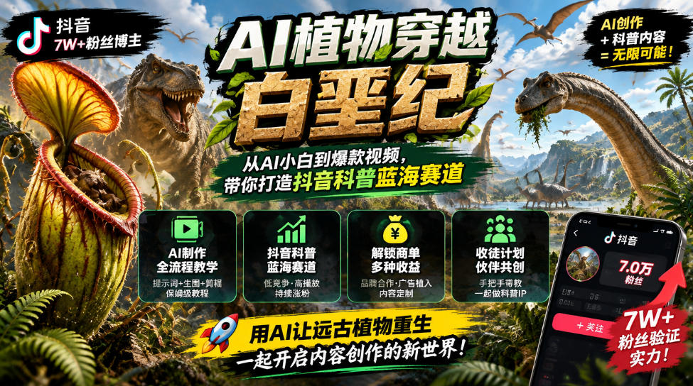 抖音7W粉丝博主的AI植物穿越白垩纪教学,抖音科普蓝海赛道,解锁商单收徒伙伴计划等多种收益