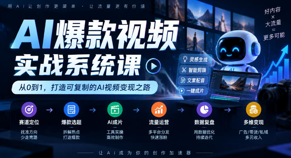 AI爆款视频实战系统课｜赛道定位、爆款选题、AI成片、流量运营、数据复盘、多维变现全链路教学