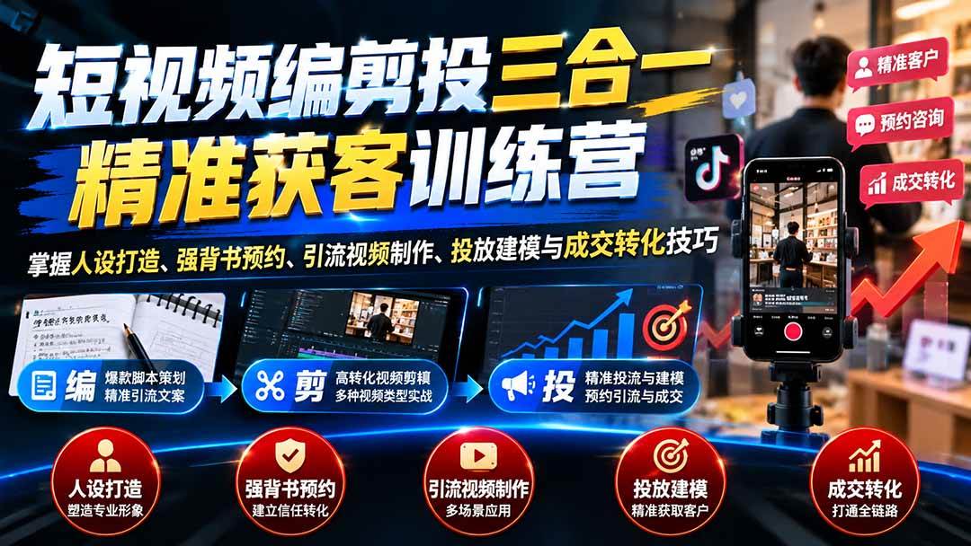 （20910期）短视频编剪投三合一精准获客训练营：掌握人设打造、强背书预约、引流视频制作、投放建模与成交转化技巧