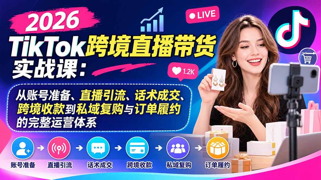 (20898期)2026TikTok跨境直播带货实战课:从账号准备、直播引流、话术成交、跨境收款到私域复购与订单履约的完整运营体系