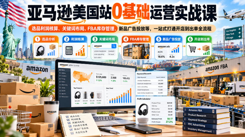 亚马逊美国站0基础运营实战课|选品利润核算、关键词布局、FBA库存管理、新品广告投放等,一站式打通开店到出单全流程