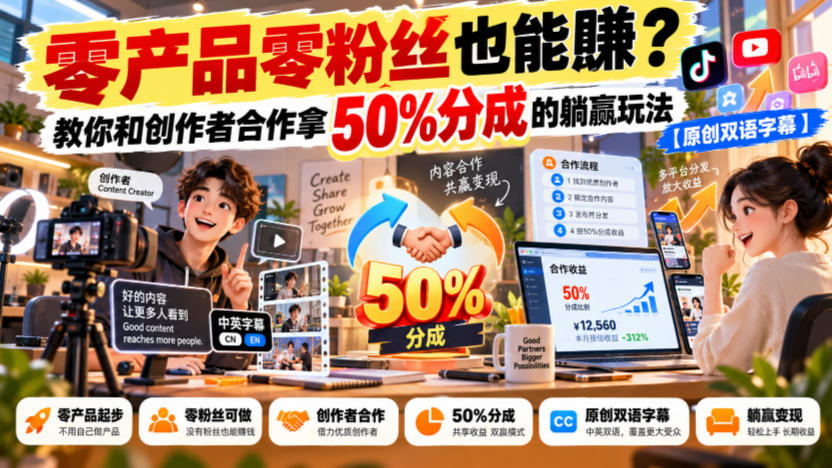 【无水印】零产品零粉丝也能賺？教你和创作者合作拿50%分成的躺赢玩法【原创双语字幕】