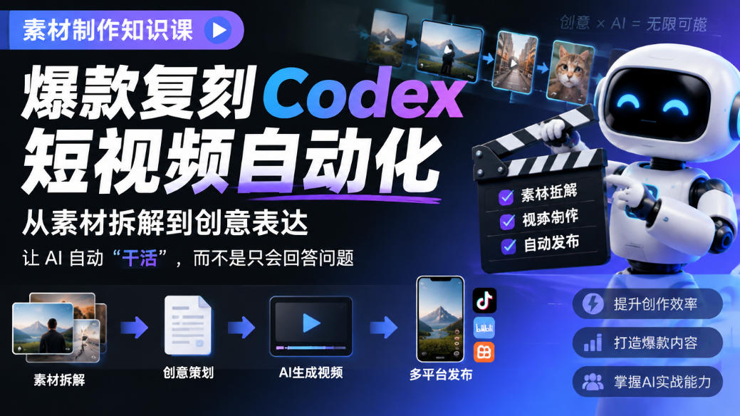 素材制作知识课,爆款复刻Codex短视频自动化,从素材拆解到创意表达,让AI自动“干活”,而不是只会回答问题