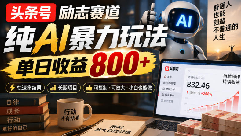 头条号励志赛道，纯AI暴力玩法，单日收益800+，快速拿结果，长期项目