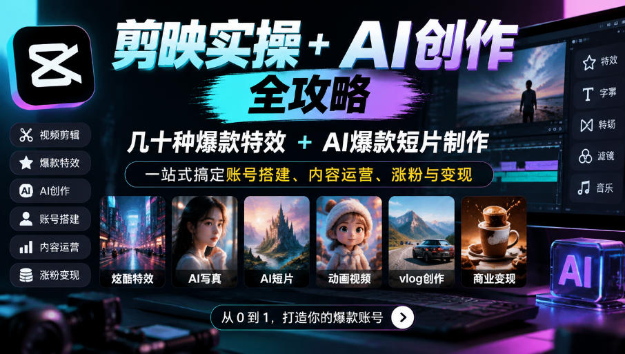 剪映实操+AI创作全攻略|几十种爆款特效+AI爆款短片制作,一站式搞定账号搭建、内容运营、涨粉与变现