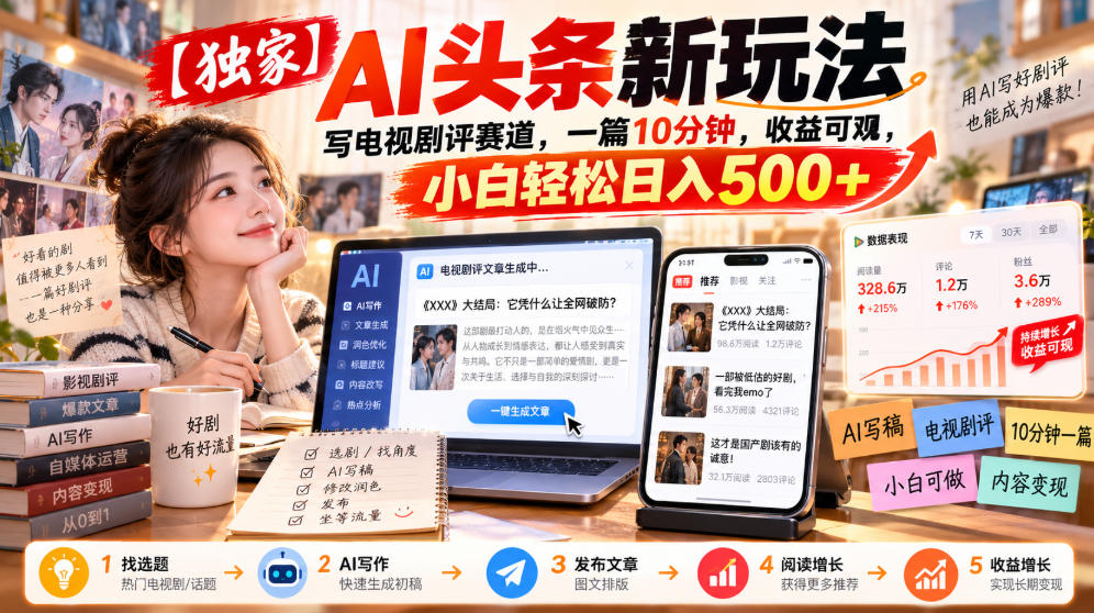 【独家】AI头条新玩法,写电视剧评赛道,一篇10分钟,收益可观,小白轻松日入500+