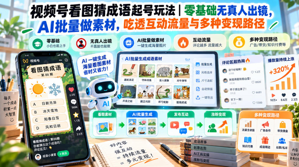视频号看图猜成语起号玩法|零基础无真人出镜,AI批量做素材,吃透互动流量与多种变现路径