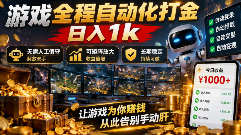 游戏全程自动化打金,日入1k,无需人工值守,解放双手,可矩阵放大,长期稳定【揭秘】