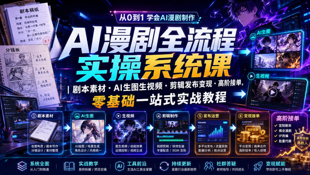 AI漫剧全流程实操系统课｜剧本素材・AI生图生视频・剪辑发布变现・高阶接单，零基础一站式实战教程（更新1027）