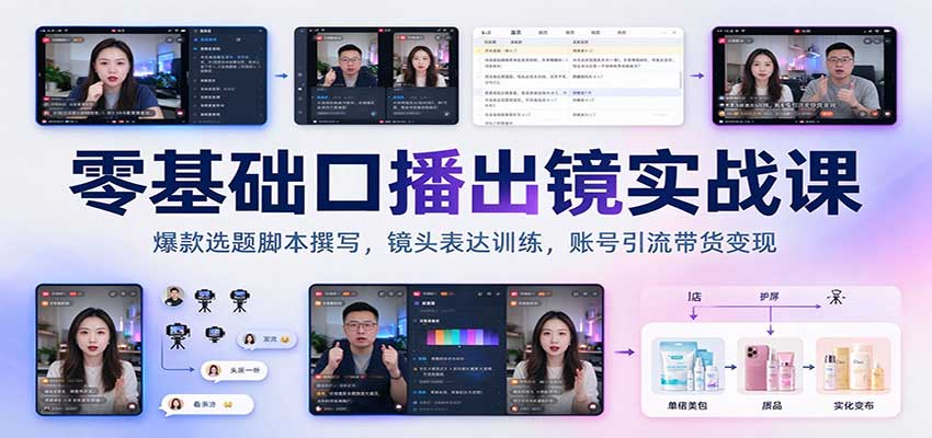 零基础口播出镜实战课:爆款选题脚本撰写,镜头表达训练,账号引流带货变现