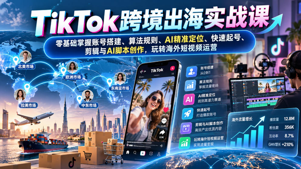 TikTok跨境出海实战课：零基础掌握账号搭建、算法规则、AI精准定位、快速起号、剪辑与AI脚本创作，玩转海外短视频运营（更新1030）