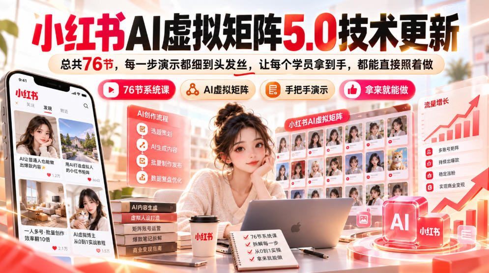 小红书AI虚拟矩阵5.0技术更新，总共76节，每一步演示都细到头发丝，让每个学员拿到手，都能直接照着做